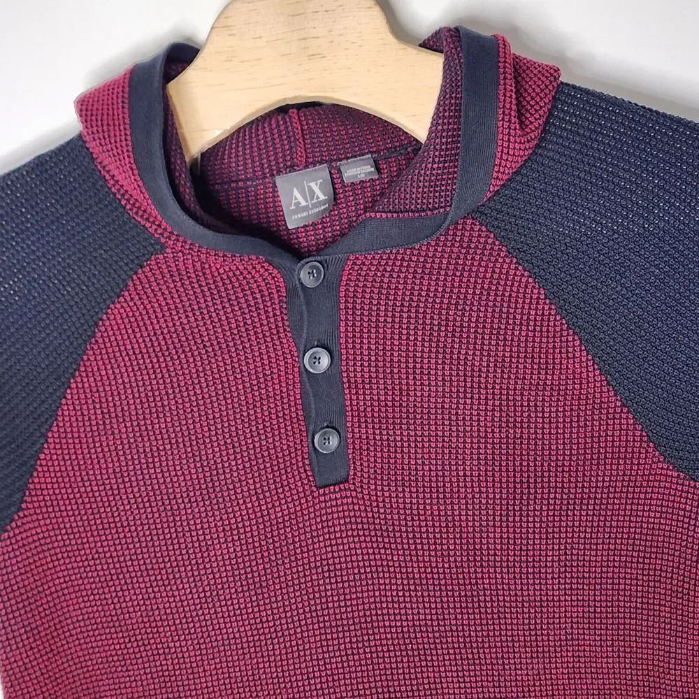 A/X Armani Exchange Men's Hooded Knit‎ Pullover Top  Size L Burgundy Navy READ